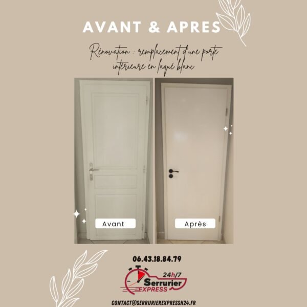 Avant et après : Transformation d'une porte intérieure en blanc laqué par Serrurier Express H24 !