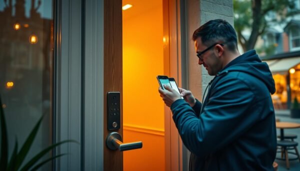 A cozy Airbnb rental featuring a well-secured front door with a modern, keyless smart lock system. Warm lighting casts a inviting glow, highlighting the sleek, industrial-chic hardware and crisp, minimalist design. In the foreground, a professional locksmith installs the new locks, ensuring maximum security for the vacation home. The background showcases a charming street scene with quaint shops and cafes, reflecting the vibrant neighborhood. An atmosphere of safety, comfort, and convenience permeates the image, capturing the essence of a top-tier Airbnb property.