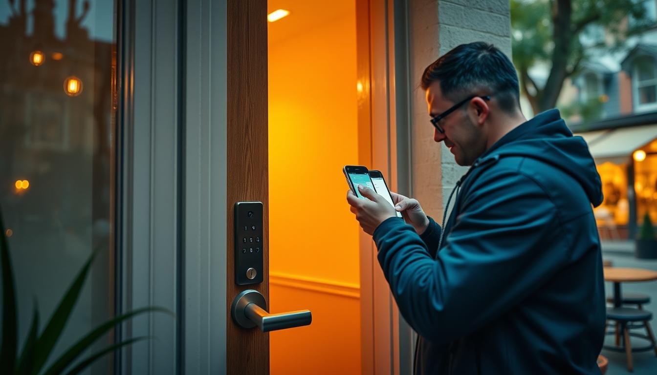 A cozy Airbnb rental featuring a well-secured front door with a modern, keyless smart lock system. Warm lighting casts a inviting glow, highlighting the sleek, industrial-chic hardware and crisp, minimalist design. In the foreground, a professional locksmith installs the new locks, ensuring maximum security for the vacation home. The background showcases a charming street scene with quaint shops and cafes, reflecting the vibrant neighborhood. An atmosphere of safety, comfort, and convenience permeates the image, capturing the essence of a top-tier Airbnb property.
