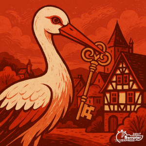 Cigogne alsacienne tenant une clé devant une porte rouge symbolisant un dépannage serrurier express H24 en urgence pour frontaliers