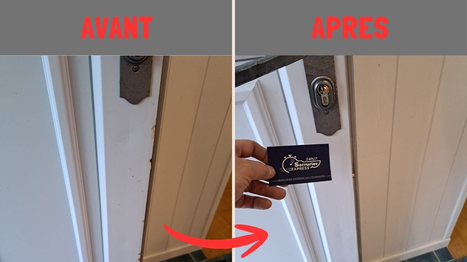 Réparation d’une porte PVC après cambriolage : chant côté serrure avant et après restauration par Serrurier Express H24.