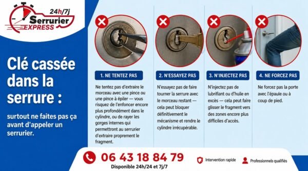 cle-cassee-dans-serrure-que-ne-pas-faire-serrurier-express-h24 Infographie : clé cassée dans la serrure, ce qu'il ne faut pas faire – extraction par serrurier professionnel 24h/24 à Belfort, Mulhouse, Colmar